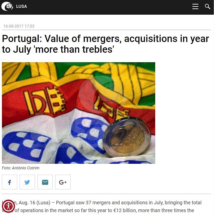 Portugal: Value of mergers, acquisitions in year to July 'more than trebles'